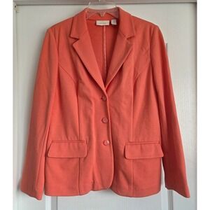Chicos Coral Orange Three Button Knit Blazer Jacket Women‎ Size 1/M Office Chic